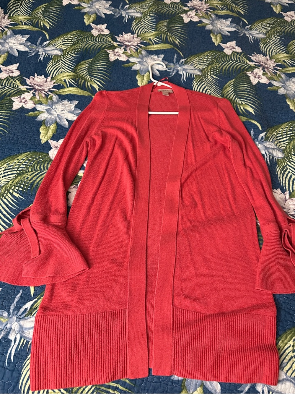 LOFT Coral-Red Open Front Cardigan with Bell Sleeves